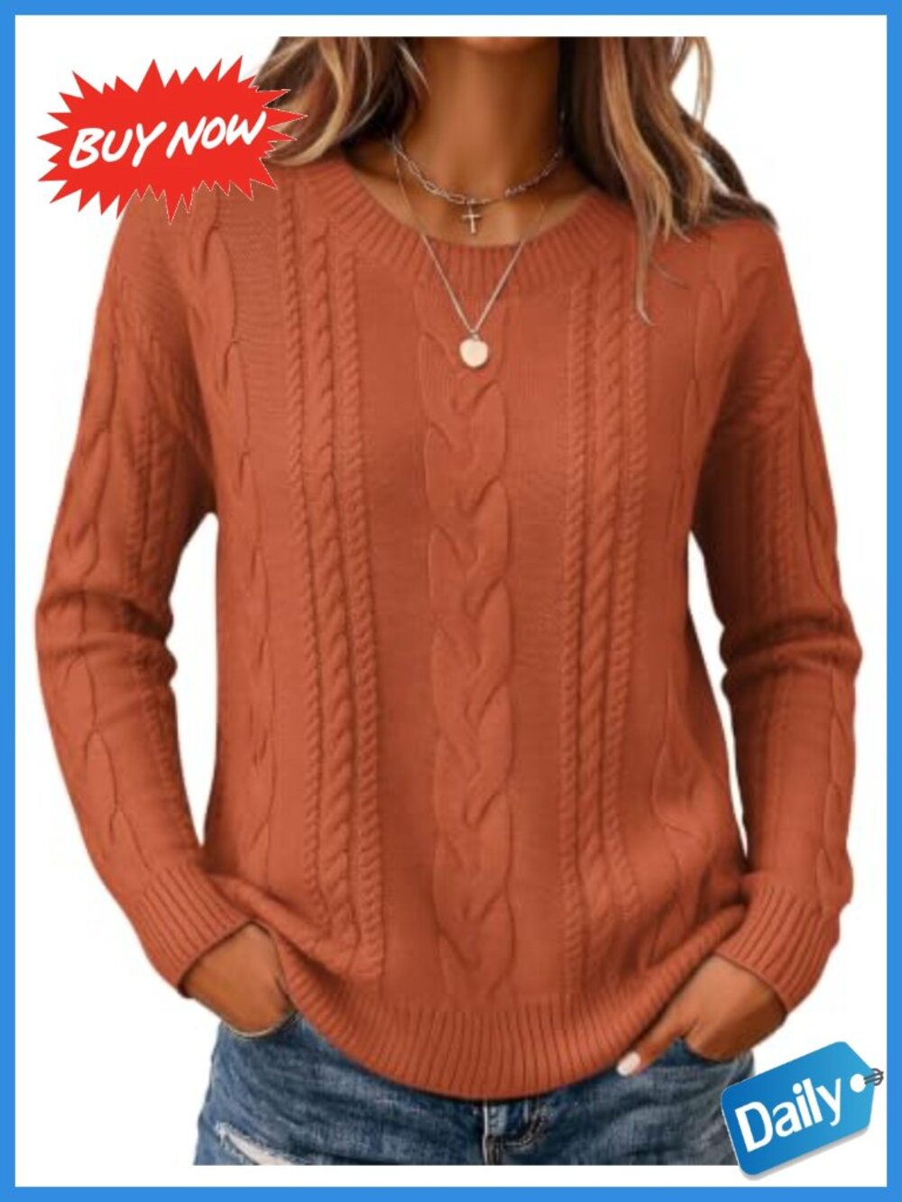 Cable Knit Sweater Loose Fit Chunky Pullover Crew Neck Fall Winter